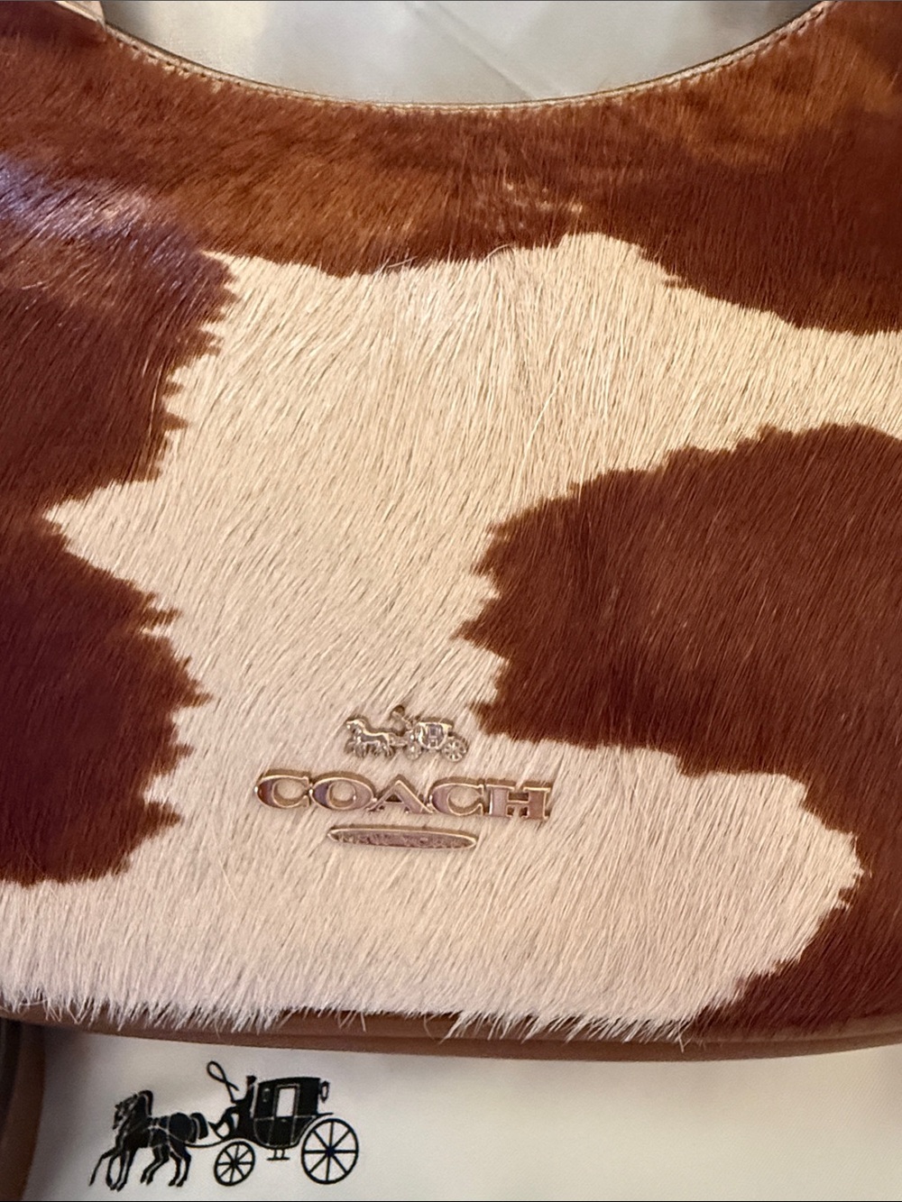 π€Coach NWT Emily Brown and Cream Calf-hair Cow Print Shoulder Bag/Gold Hardware - Picture 6 of 10